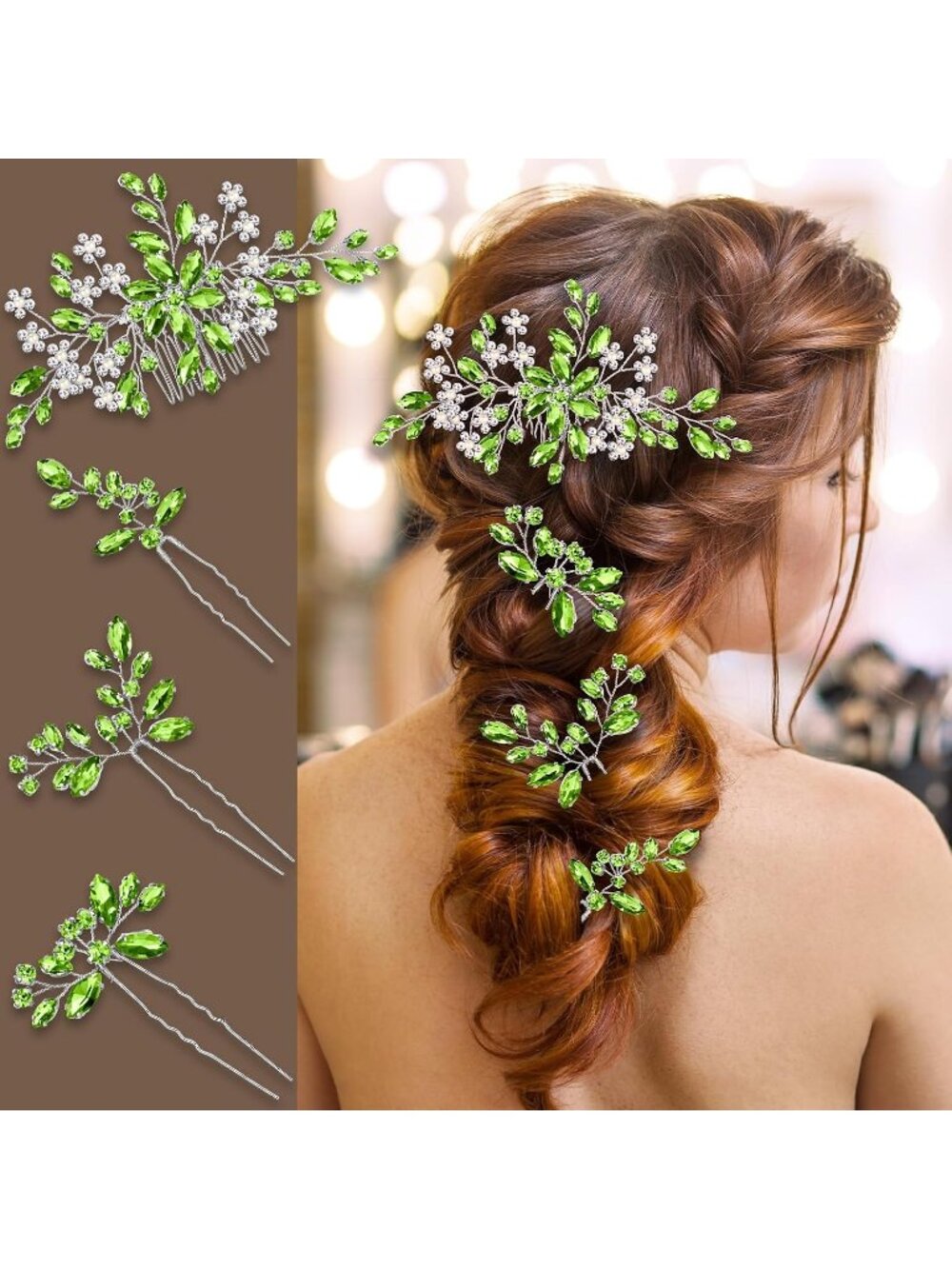 Women's Green Rhinestone Copper Bridal Headpiece Floral SOLID Hair Clips